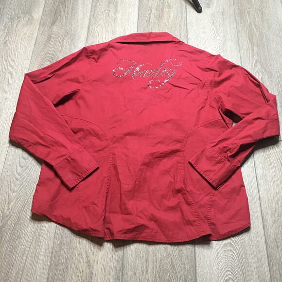 Harley Davidson Womens Zip Up Sequined Spell Out Logo Long Sleeve Top Red 1W - Picture 3 of 11